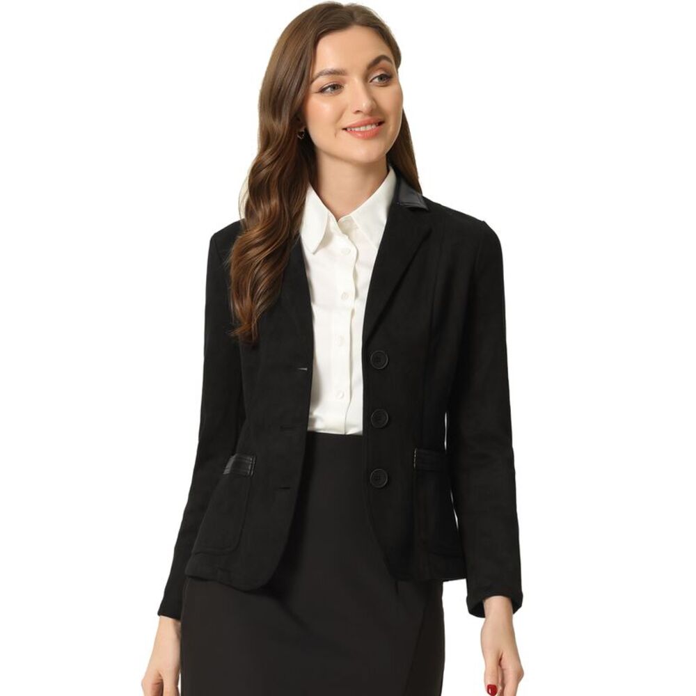 Faux Suede Blazer Lapel Collar Button Front Long Sleeve Jacket Black